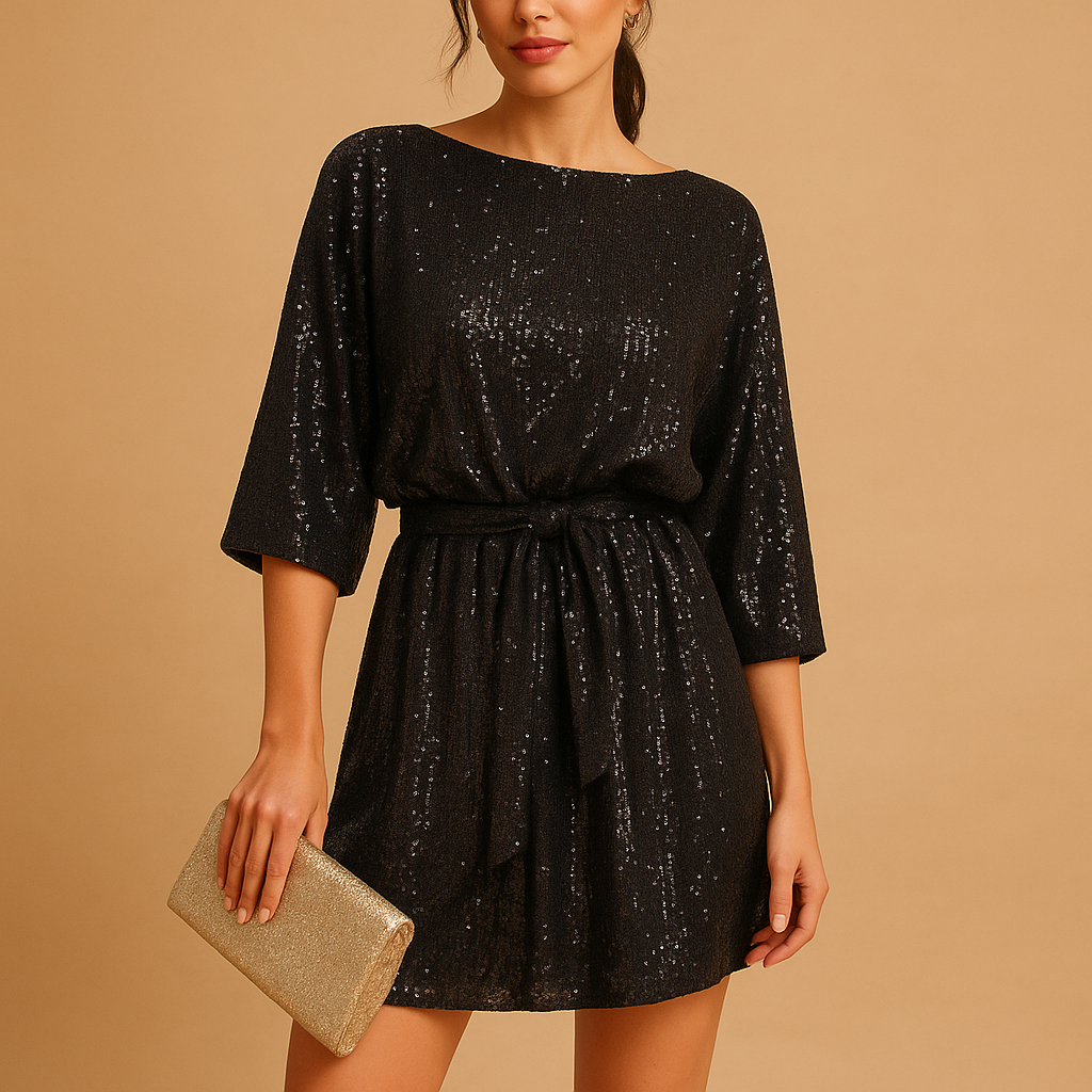 Sequin evening dress for women with ruched detailing and elegant fit, perfect for galas, parties, and special events.