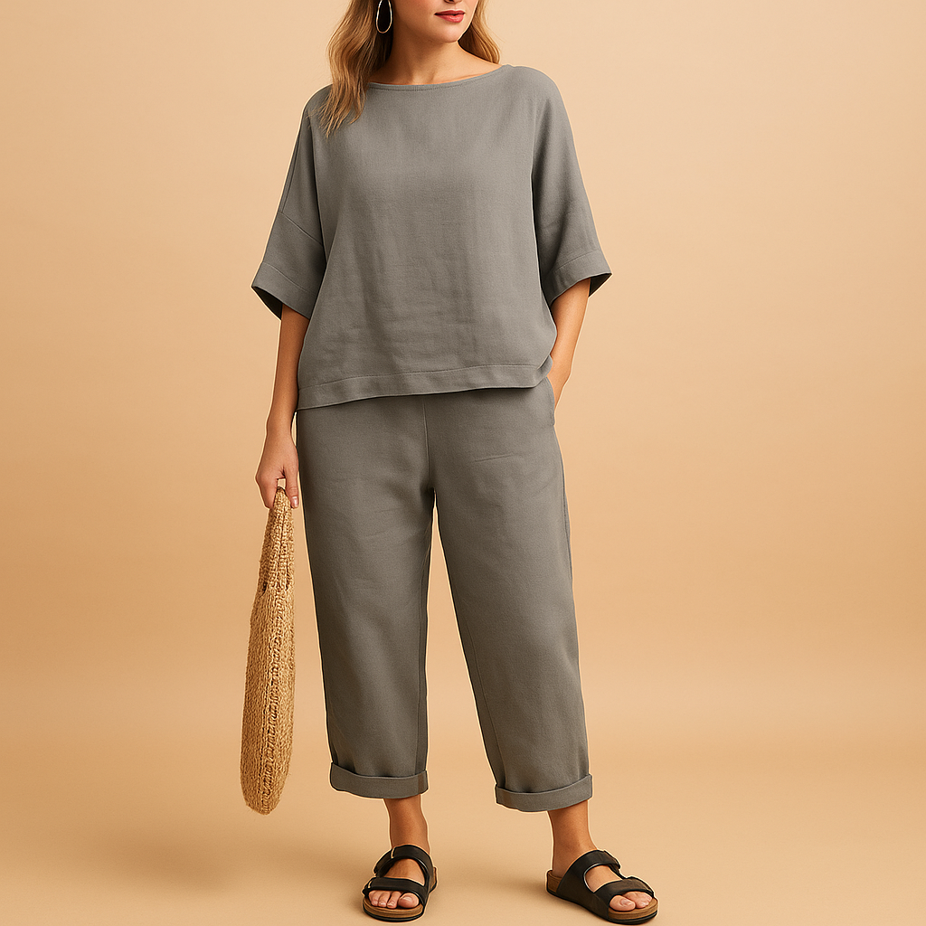 Women’s shirt and ankle-length pants set with loose fit, ideal for casual outings, summer days, or comfortable wear at home.