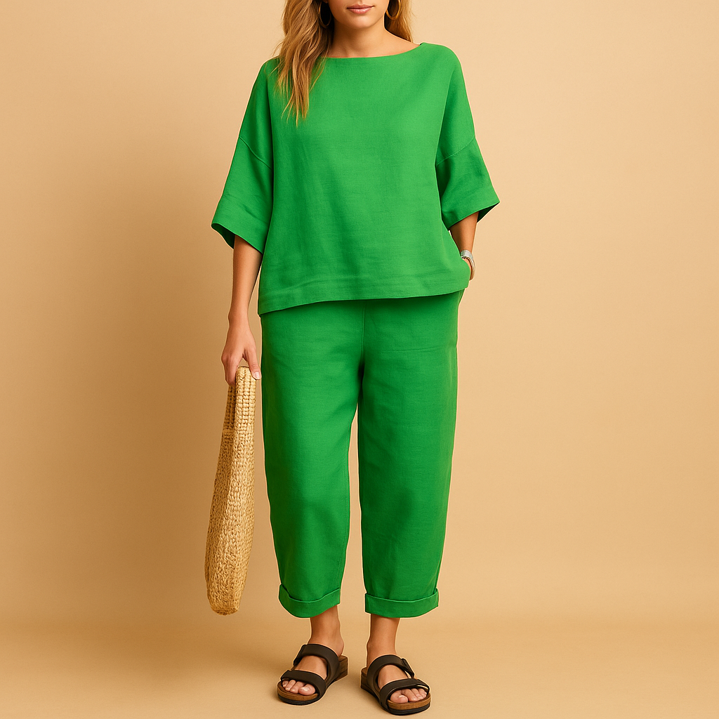 Women’s shirt and ankle-length pants set with loose fit, ideal for casual outings, summer days, or comfortable wear at home.