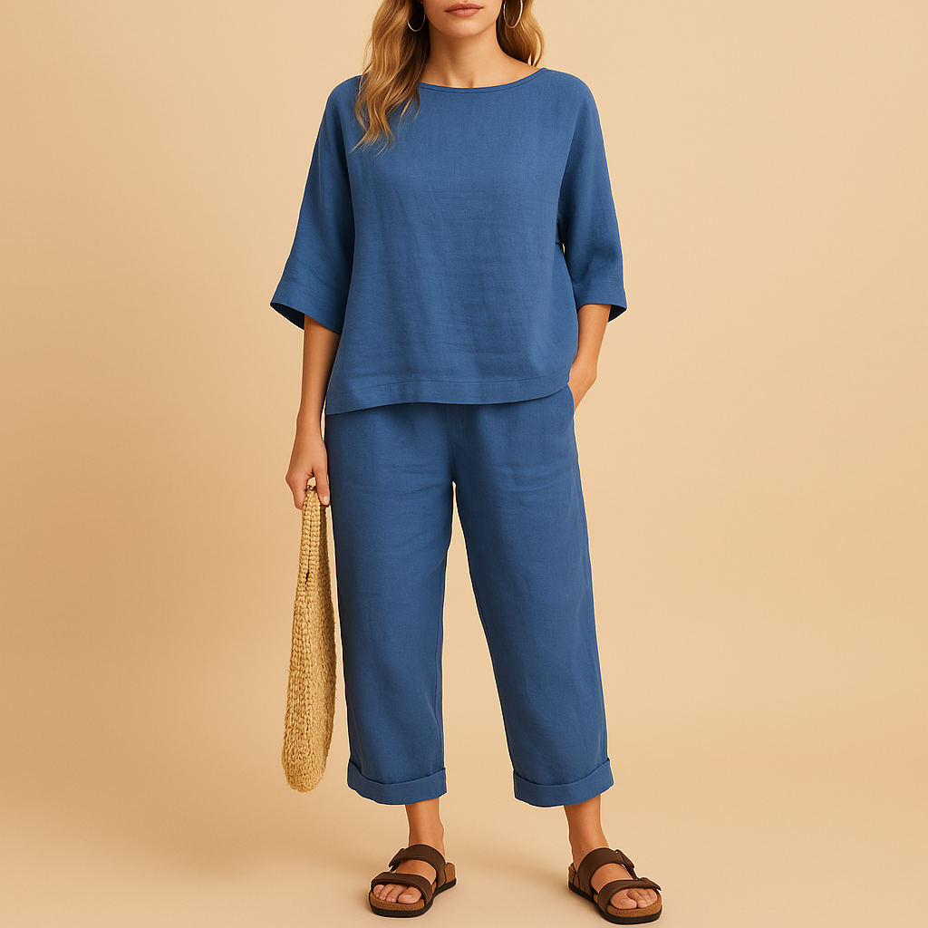 Women’s shirt and ankle-length pants set with loose fit, ideal for casual outings, summer days, or comfortable wear at home.