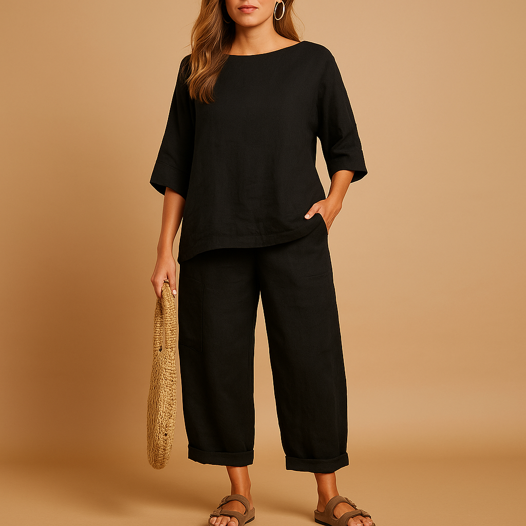 Women’s shirt and ankle-length pants set with loose fit, ideal for casual outings, summer days, or comfortable wear at home.