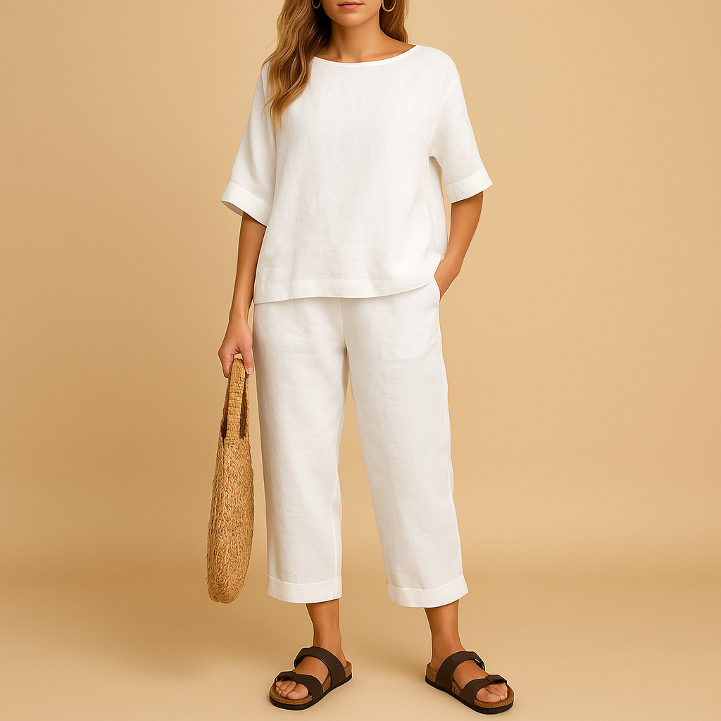 Women’s shirt and ankle-length pants set with loose fit, ideal for casual outings, summer days, or comfortable wear at home.