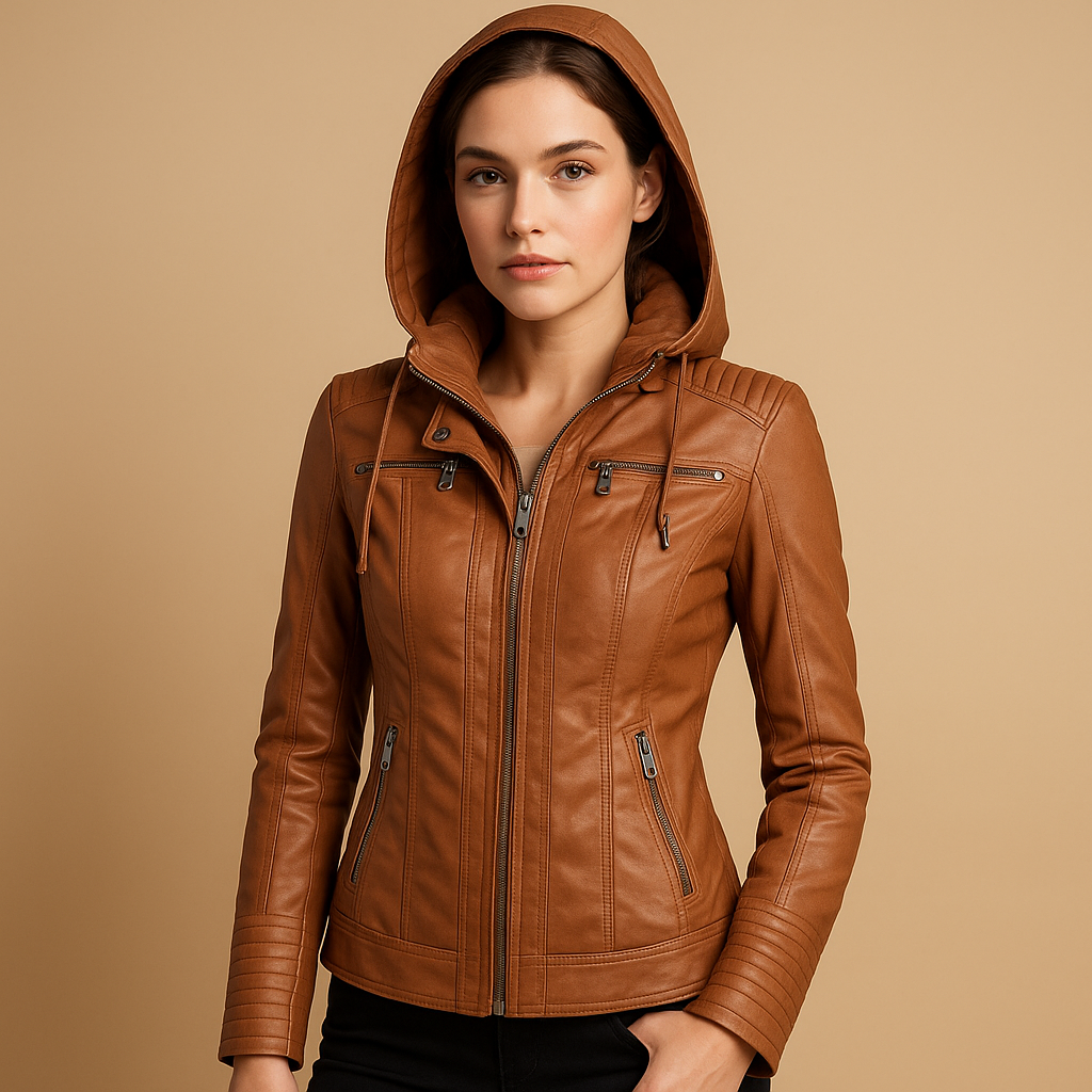 Women’s short jacket with detachable hood and zip closure, perfect for outdoor use and everyday styling.