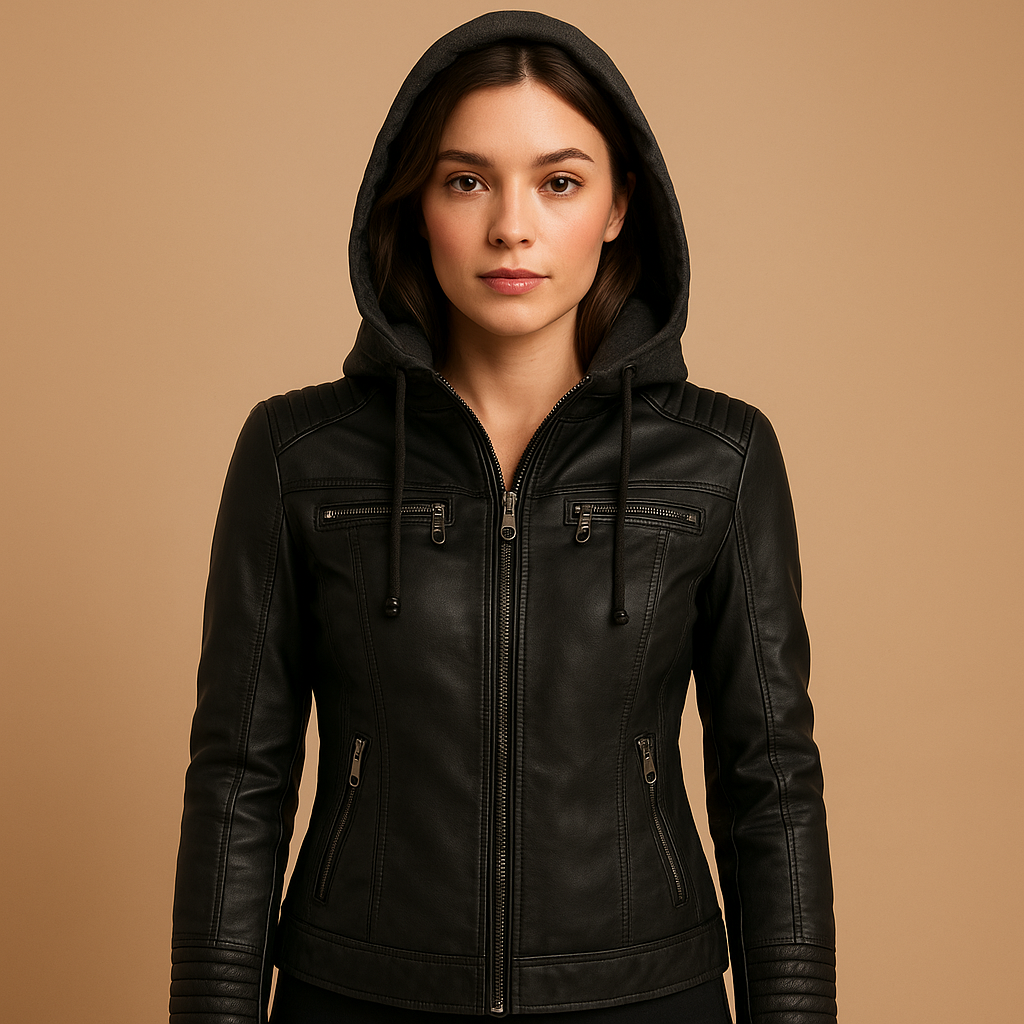 Women’s short jacket with detachable hood and zip closure, perfect for outdoor use and everyday styling.