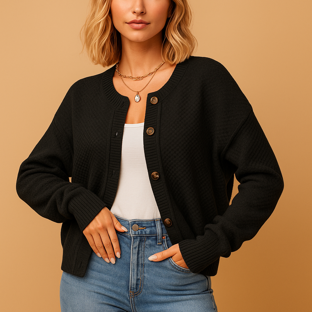 Short knit cardigan with buttons for women featuring a compact fit and soft knit fabric, perfect for layering with casual outfits or office looks.