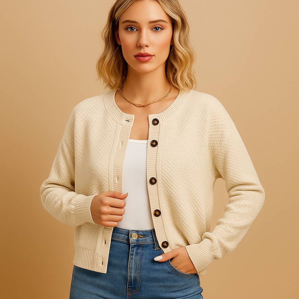 Short knit cardigan with buttons for women featuring a compact fit and soft knit fabric, perfect for layering with casual outfits or office looks.