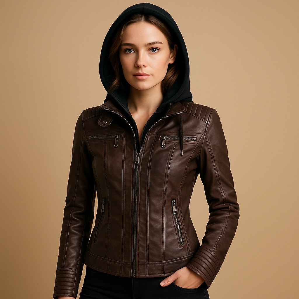 Short leather jacket for women with detachable hood and zip details, offering a sleek silhouette and versatile style for all occasions.