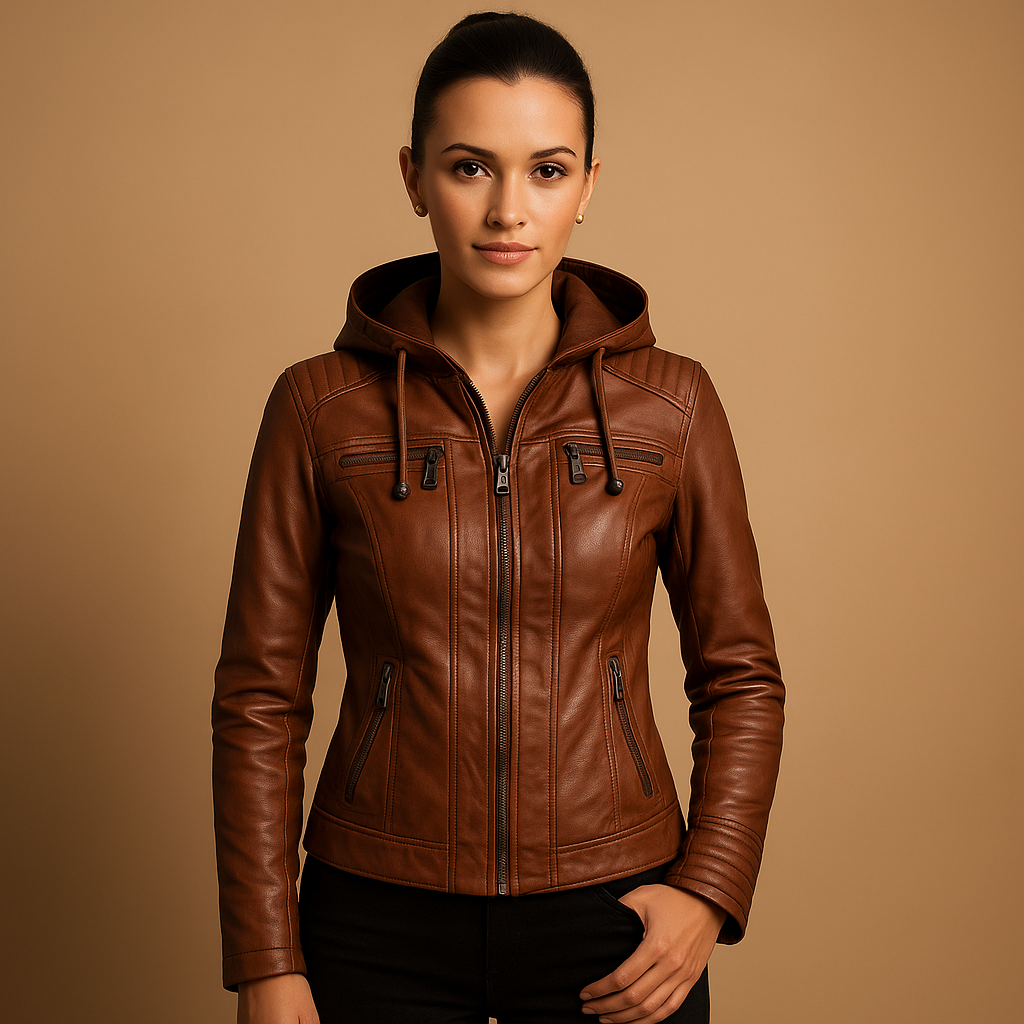 Short leather jacket for women with detachable hood and zip details, offering a sleek silhouette and versatile style for all occasions.