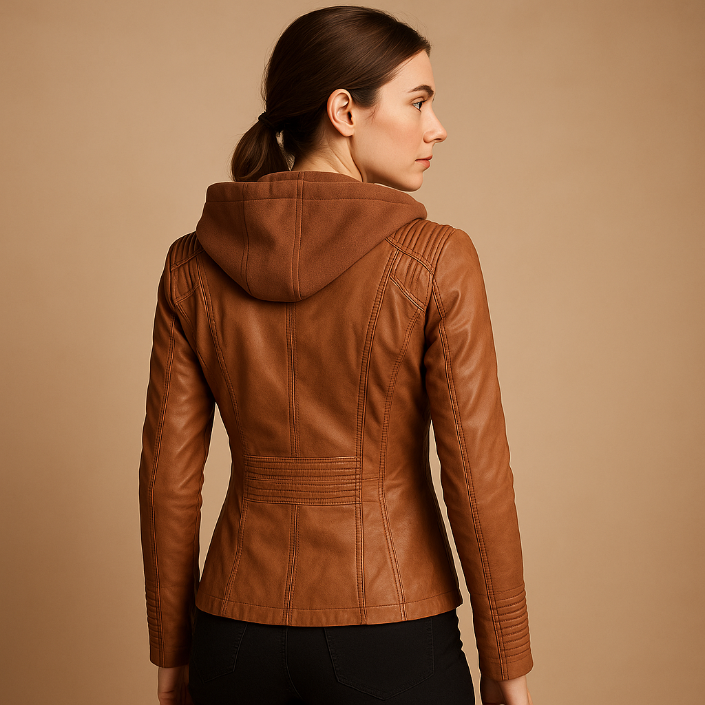 Short leather jacket for women with detachable hood and zip details, offering a sleek silhouette and versatile style for all occasions.