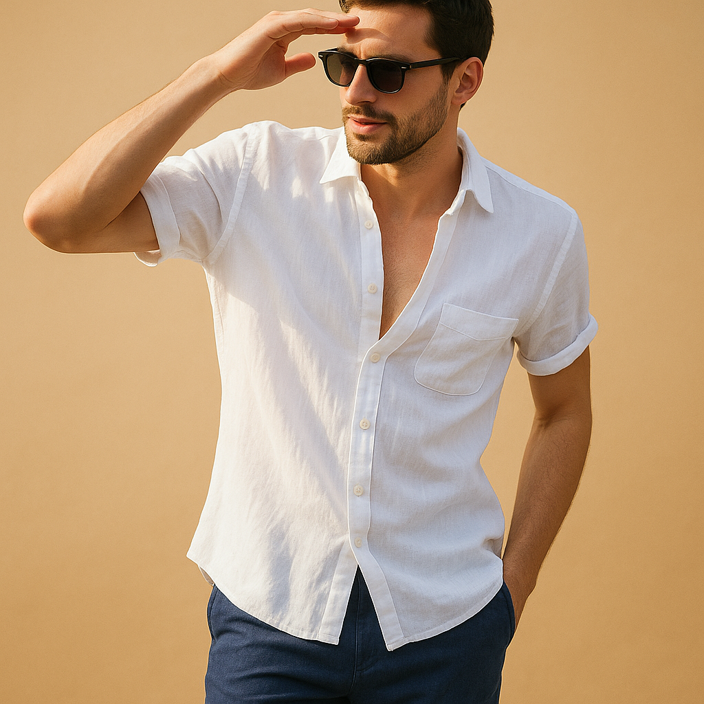 Men’s short sleeve summer shirt with relaxed fit and breathable design, perfect for warm days, beach outings, and casual occasions.