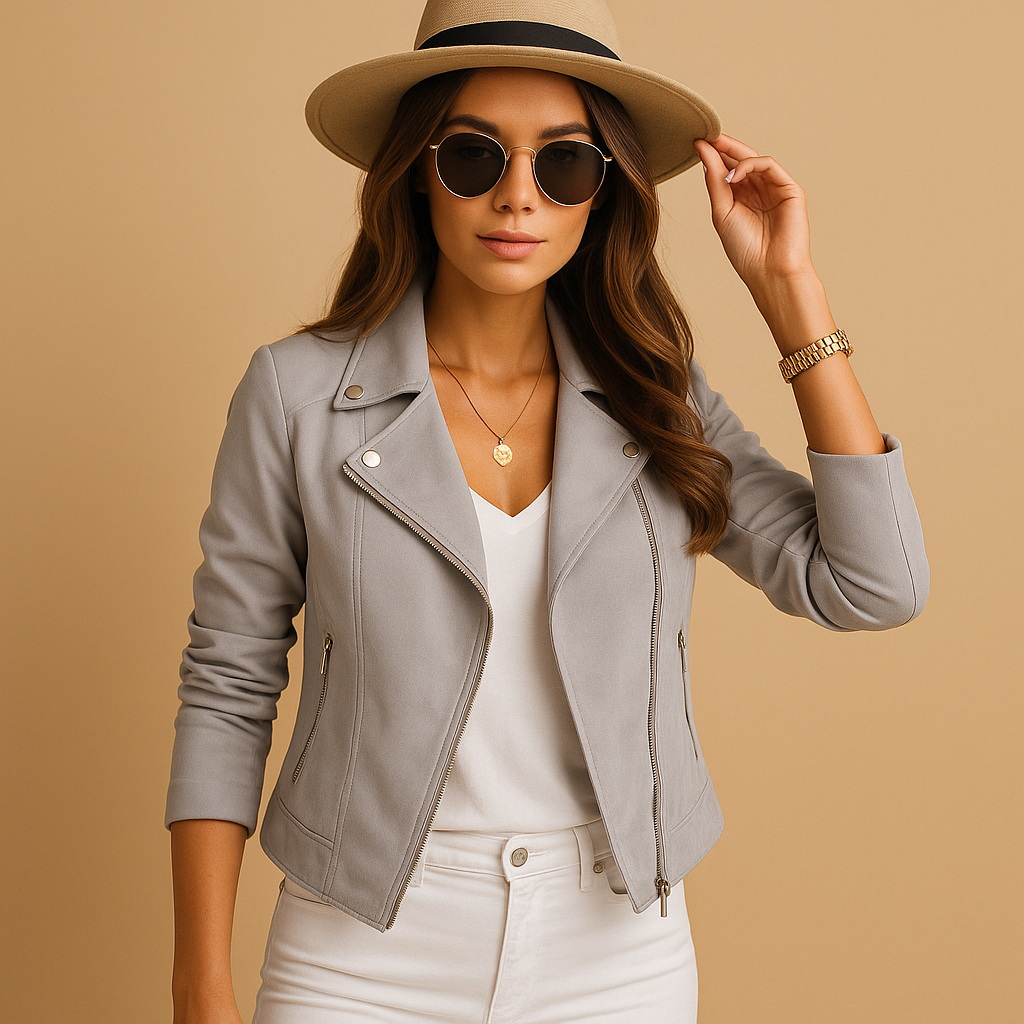 Women’s short summer jacket with breathable fabric, modern tailored fit, and versatile design. Available in Auburn, Black, Dark Grey, Grey, Green, and Khaki.