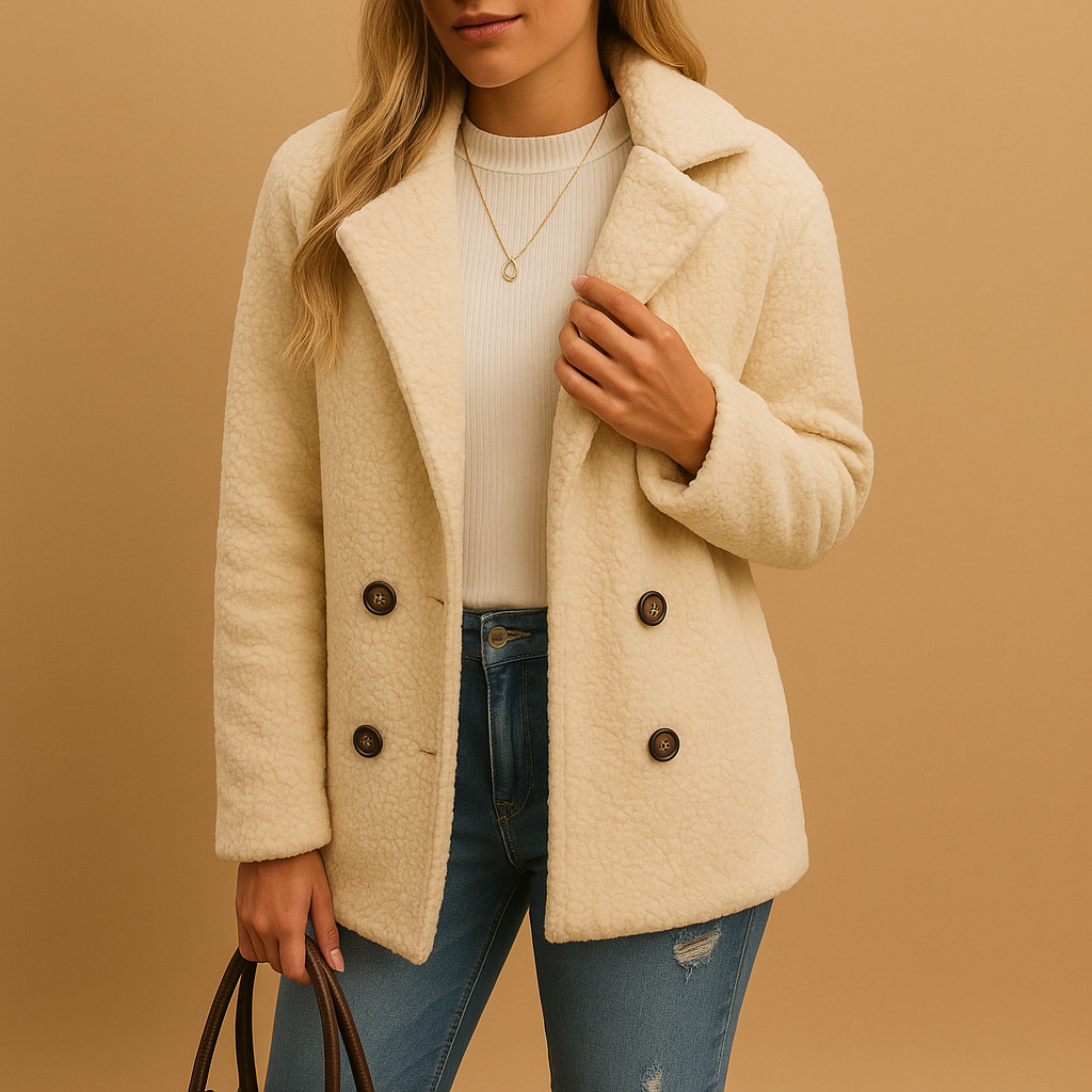 Women’s short winter coat with tailored fit, button closure, and versatile design. Available in White, Light Grey, Caramel, and Coffee.
