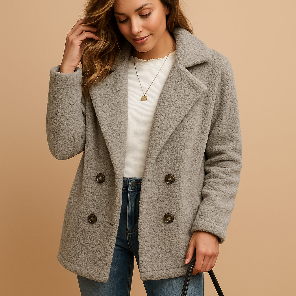 Women’s short winter coat with tailored fit, button closure, and versatile design. Available in White, Light Grey, Caramel, and Coffee.