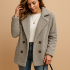 Women’s short winter coat with tailored fit, button closure, and versatile design. Available in White, Light Grey, Caramel, and Coffee.