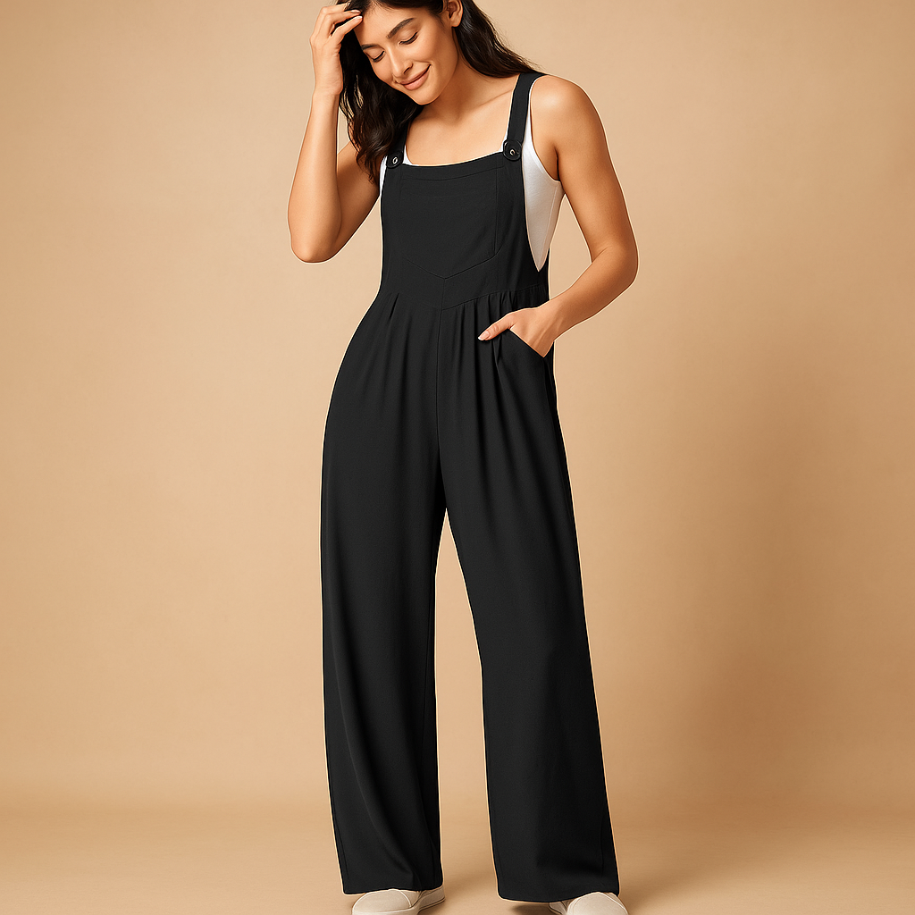 Women’s sleeveless casual jumpsuit with pockets in pink, black, and grey, ideal for relaxed everyday wear and weekend outings.