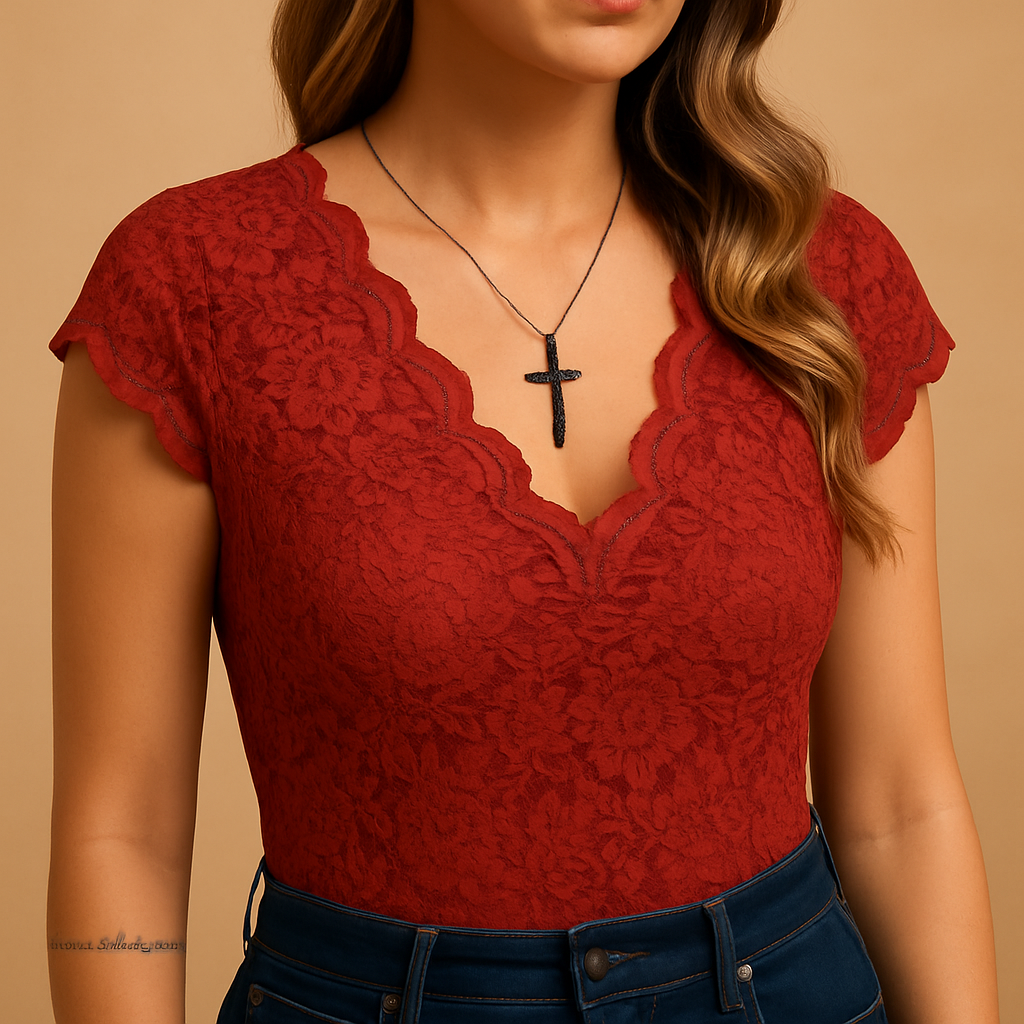 Women’s sleeveless lace top with deep V-neck and delicate detailing, perfect for formal occasions, dinners, and stylish summer days.