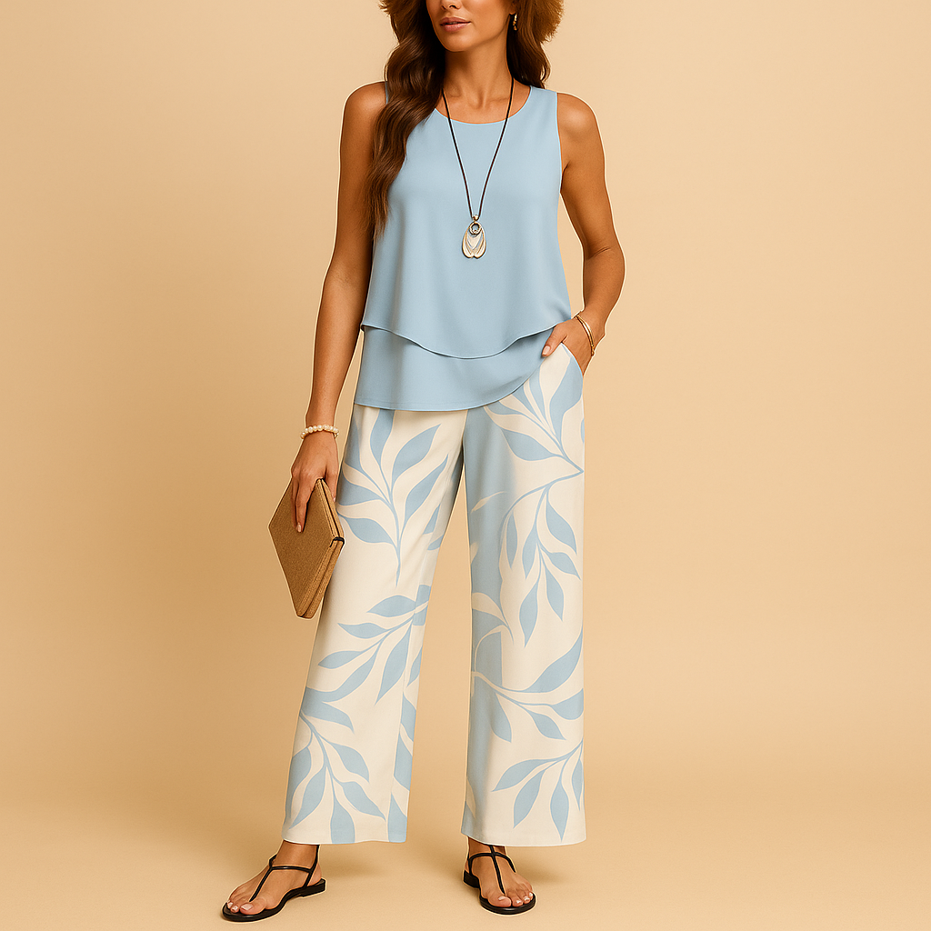 Women’s sleeveless two-piece set with top and straight-leg pants, perfect for summer days, vacations, brunch, or stylish casual outings.