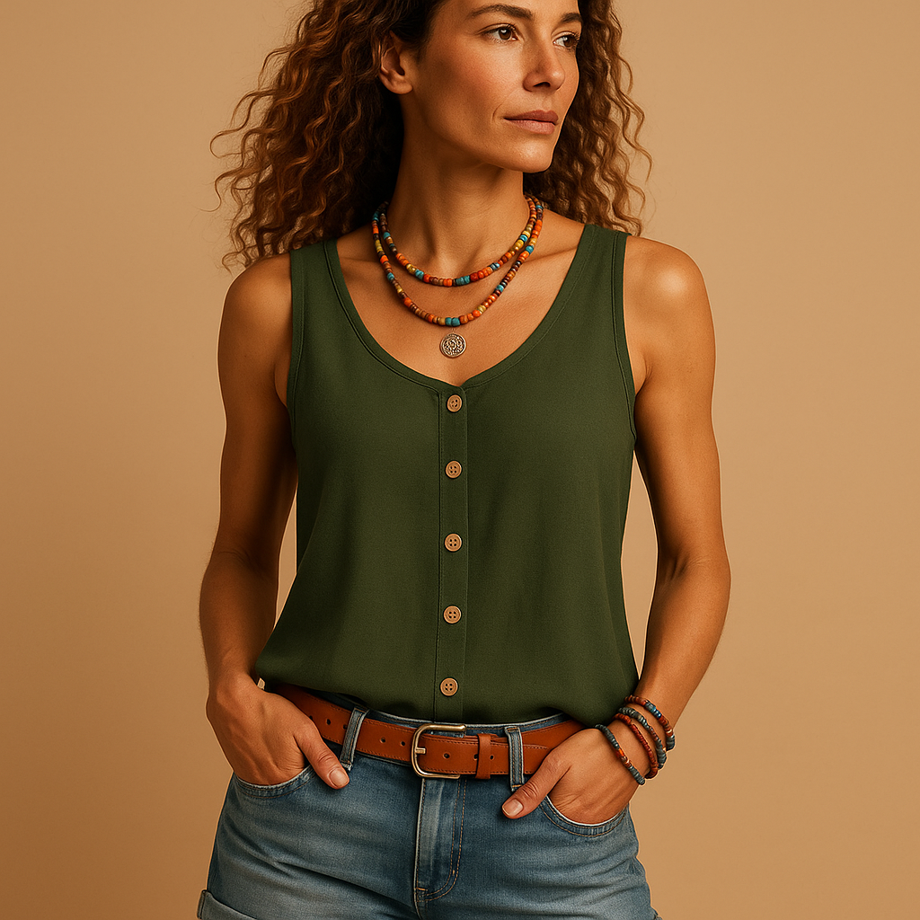 Women’s sleeveless V-neck summer top with loose fit and vibrant colours, perfect for casual wear on warm sunny days.