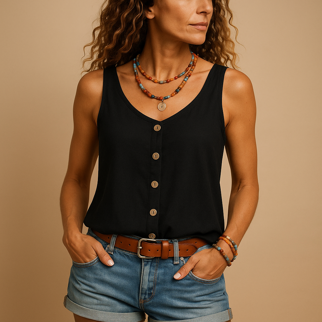 Women’s sleeveless V-neck summer top with loose fit and vibrant colours, perfect for casual wear on warm sunny days.