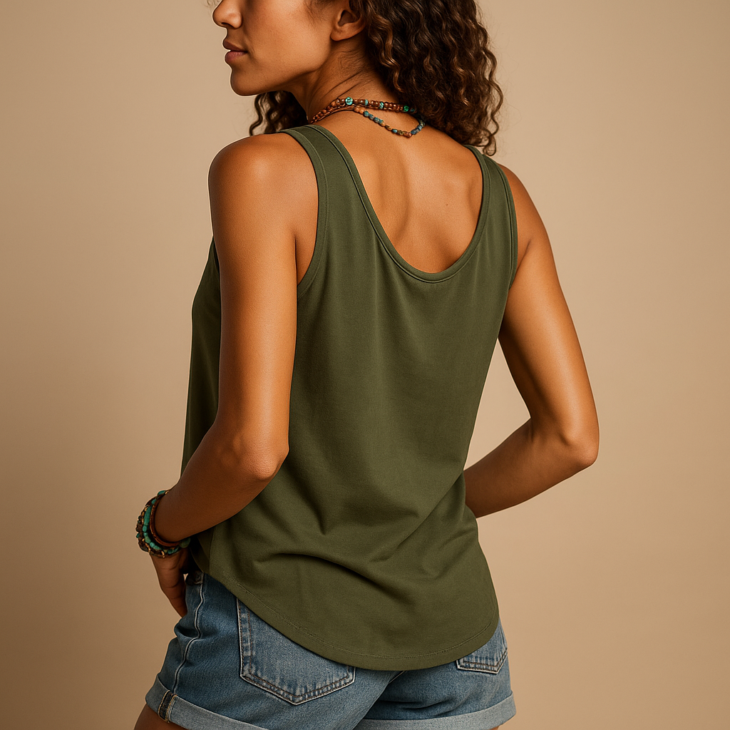 Women’s sleeveless V-neck summer top with loose fit and vibrant colours, perfect for casual wear on warm sunny days.