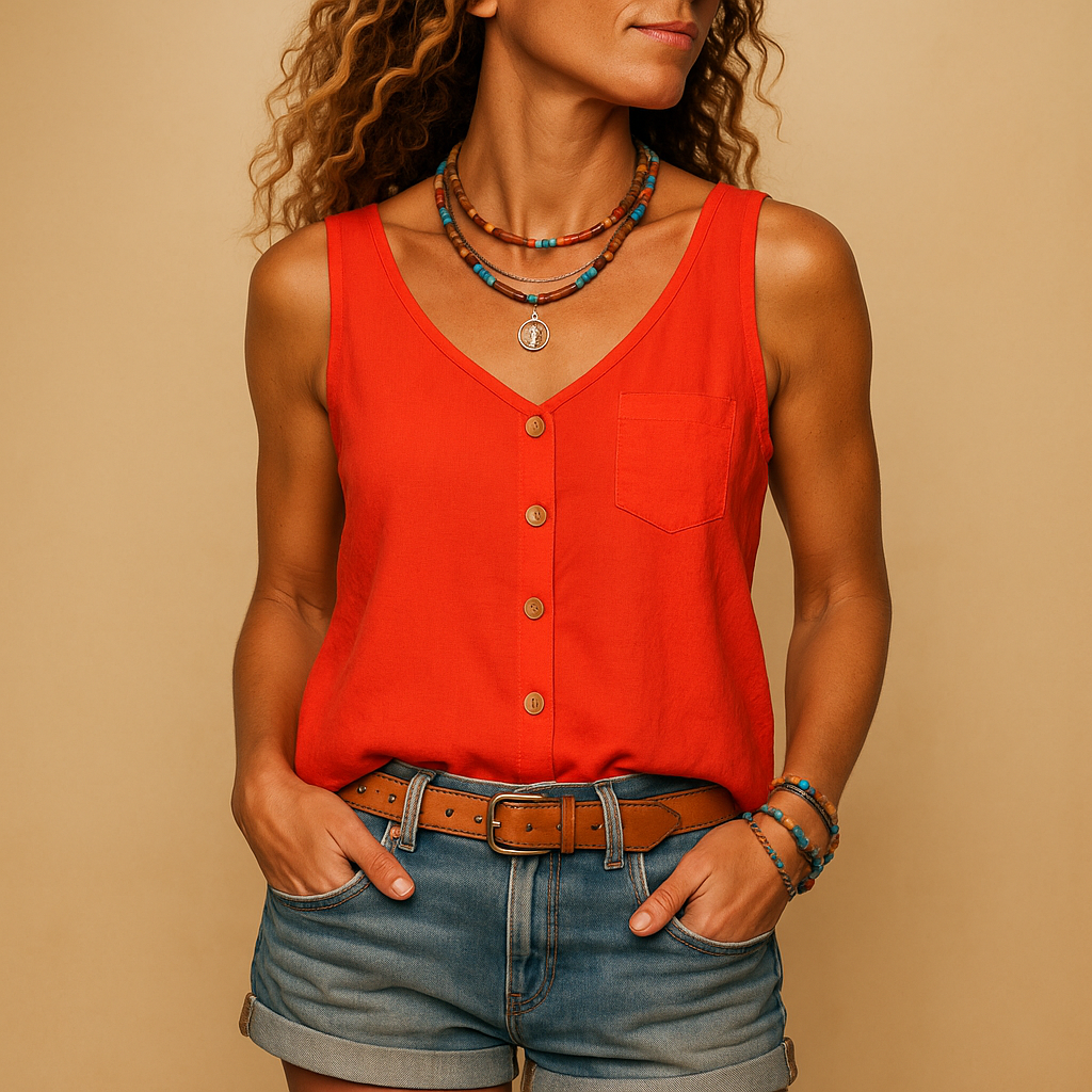 Women’s sleeveless V-neck summer top with loose fit and vibrant colours, perfect for casual wear on warm sunny days.