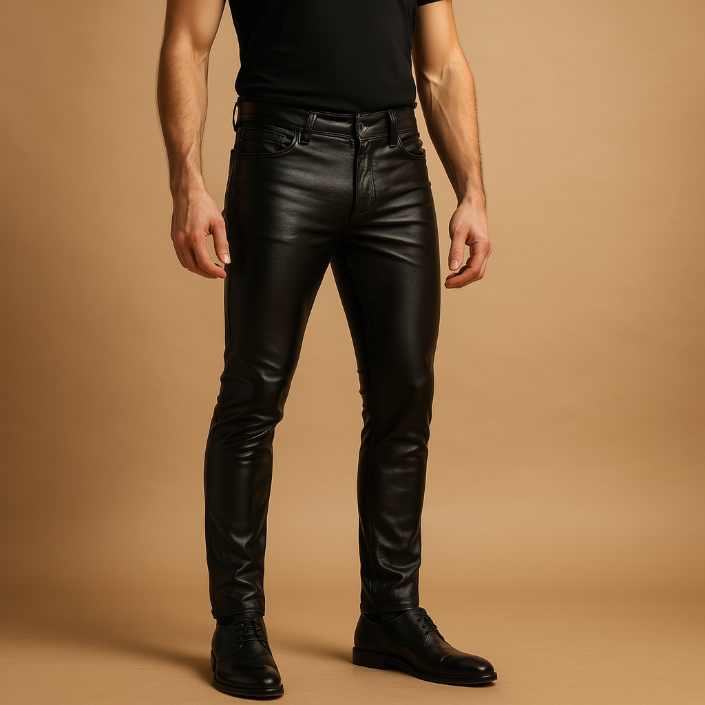 Men’s slim fit coated look pants with stretch, ideal for casual or semi-formal styling.