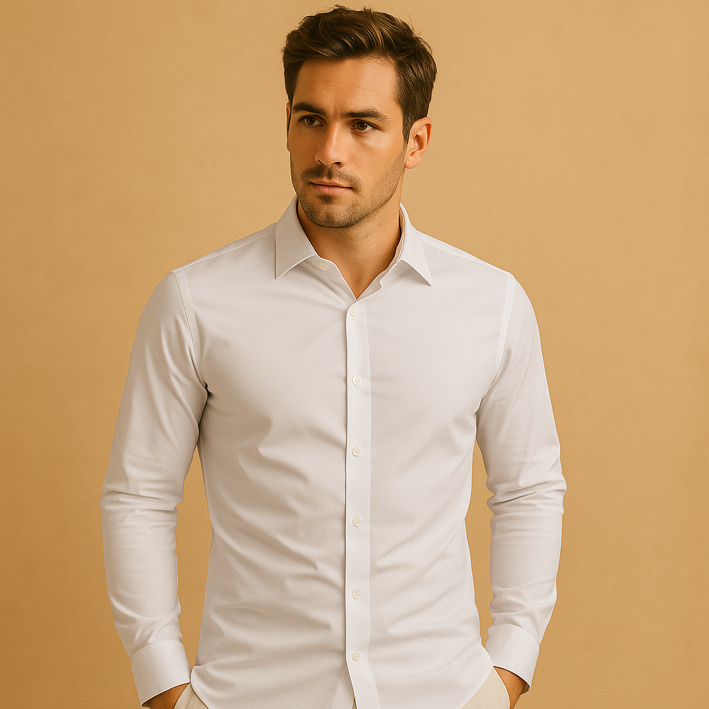 Men’s slim fit cotton shirt with tailored design and turndown collar, available in black, white, yellow, red, purple, pink, blue, and green. Perfect for office and casual outfits.