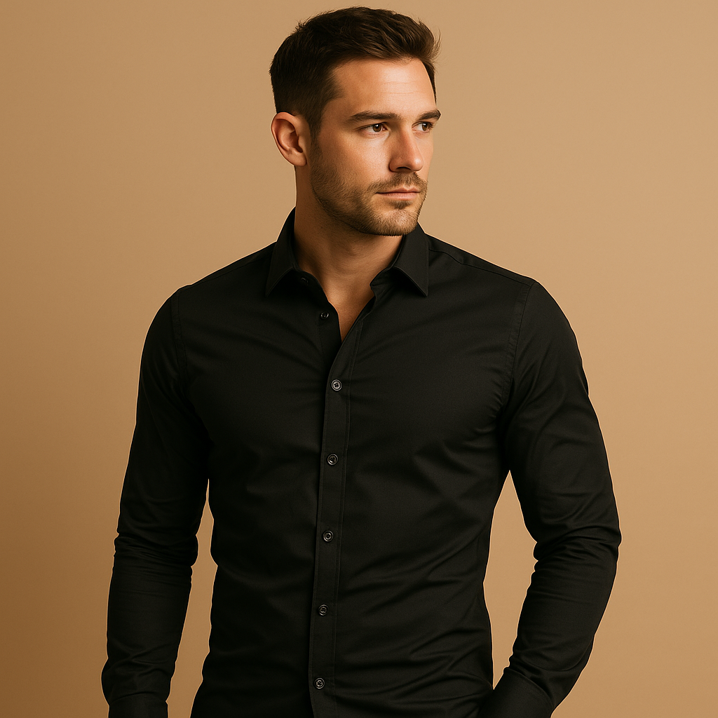 Men’s slim fit cotton shirt with tailored design and turndown collar, available in black, white, yellow, red, purple, pink, blue, and green. Perfect for office and casual outfits.