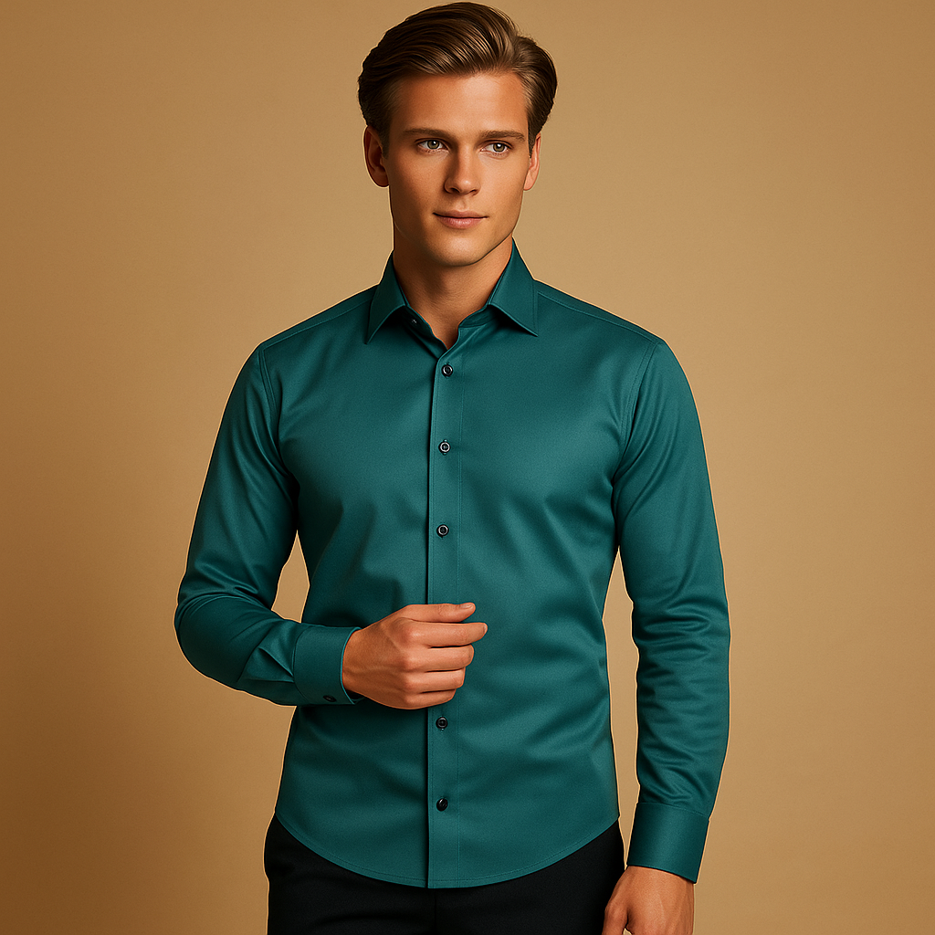 Men’s slim fit dress shirt with breathable stretch fabric, classic button-up design, and timeless collar. Perfect for business or casual outfits.