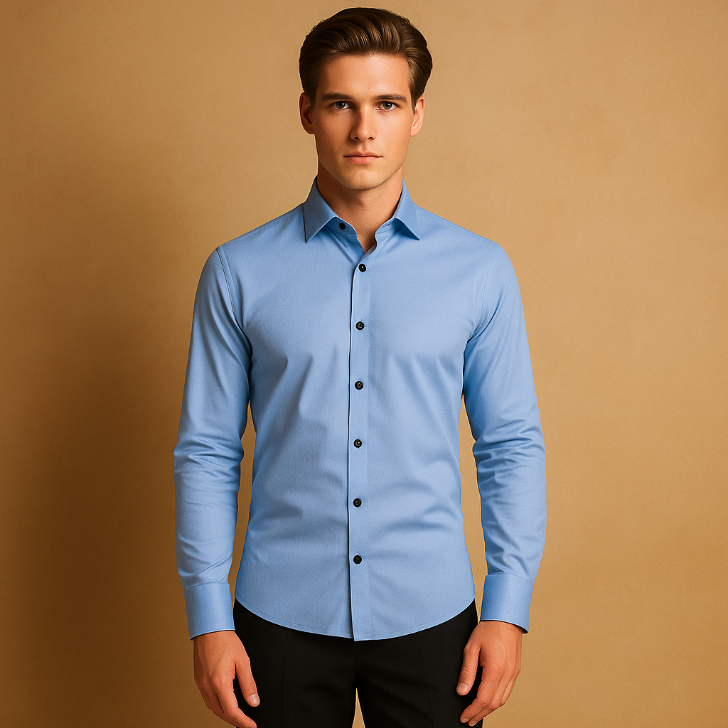 Men’s slim fit dress shirt with breathable stretch fabric, classic button-up design, and timeless collar. Perfect for business or casual outfits.