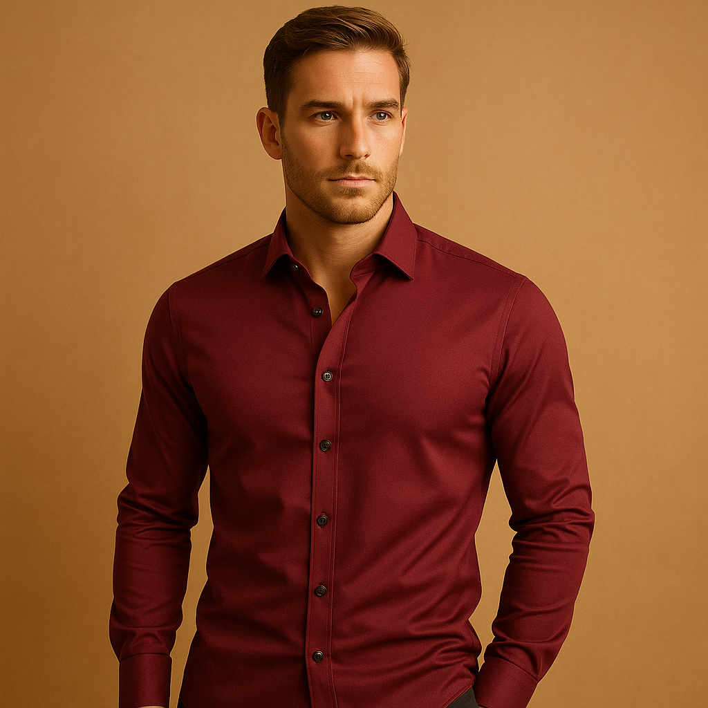 Men’s slim fit dress shirt with breathable stretch fabric, classic button-up design, and timeless collar. Perfect for business or casual outfits.