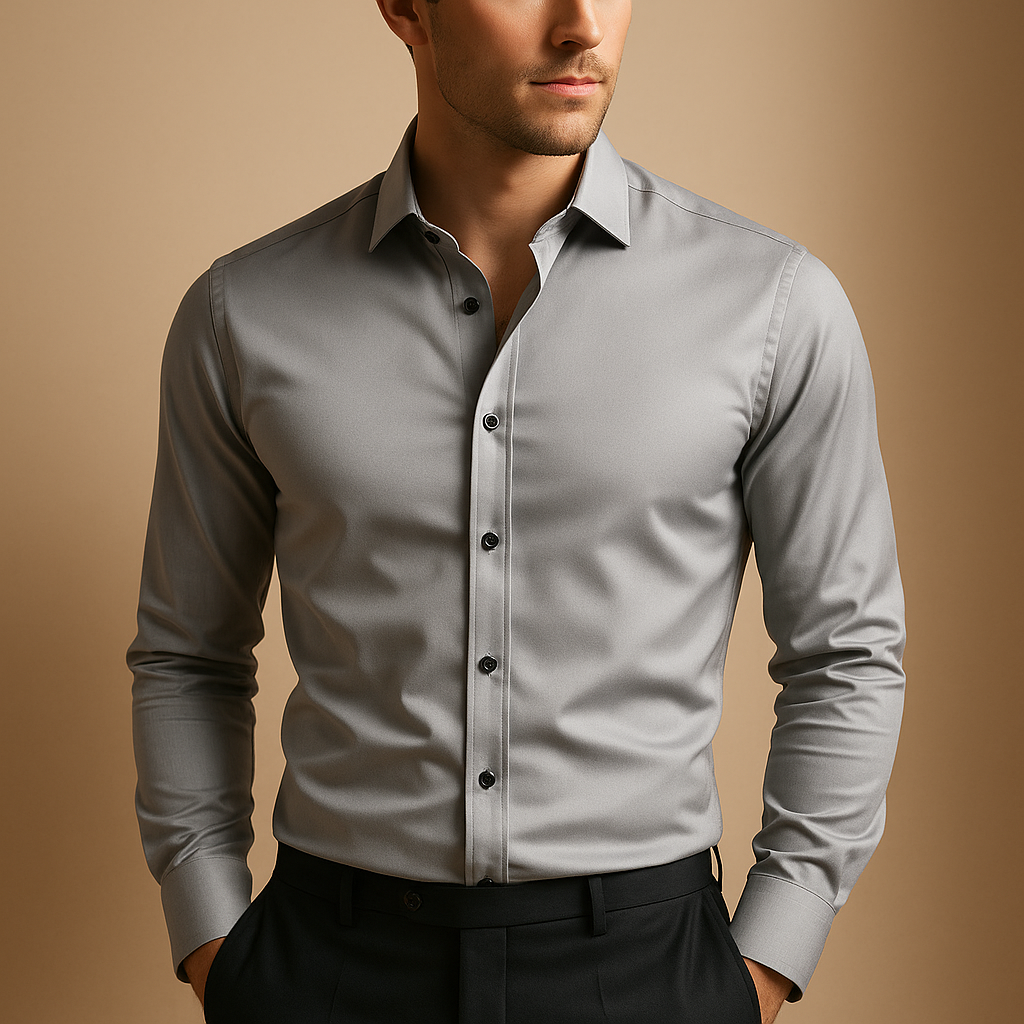Men’s slim fit dress shirt with breathable stretch fabric, classic button-up design, and timeless collar. Perfect for business or casual outfits.