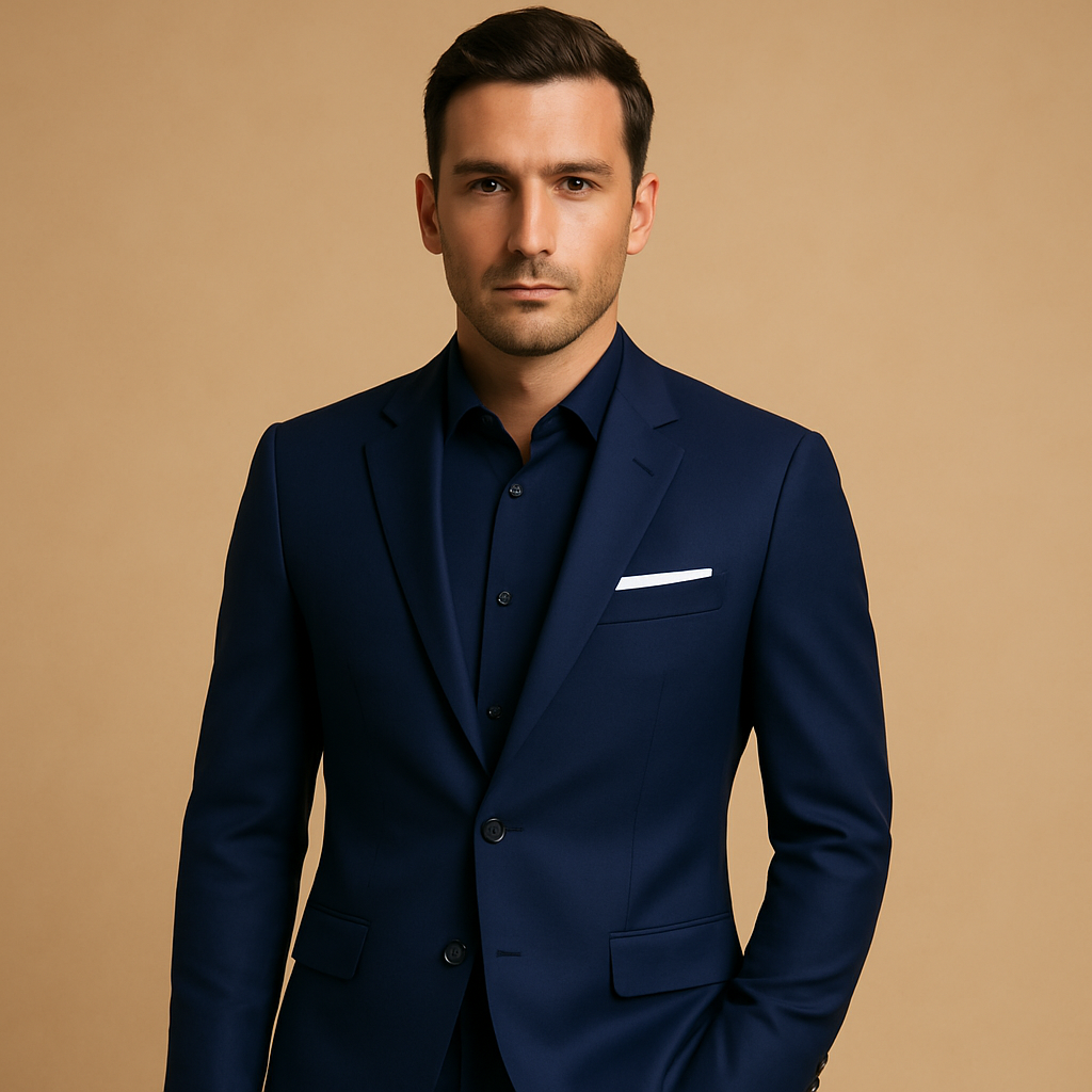 Elegant slim fit men’s formal suit with blazer and trousers, available in multiple colours. Ideal for weddings, business, and formal occasions.