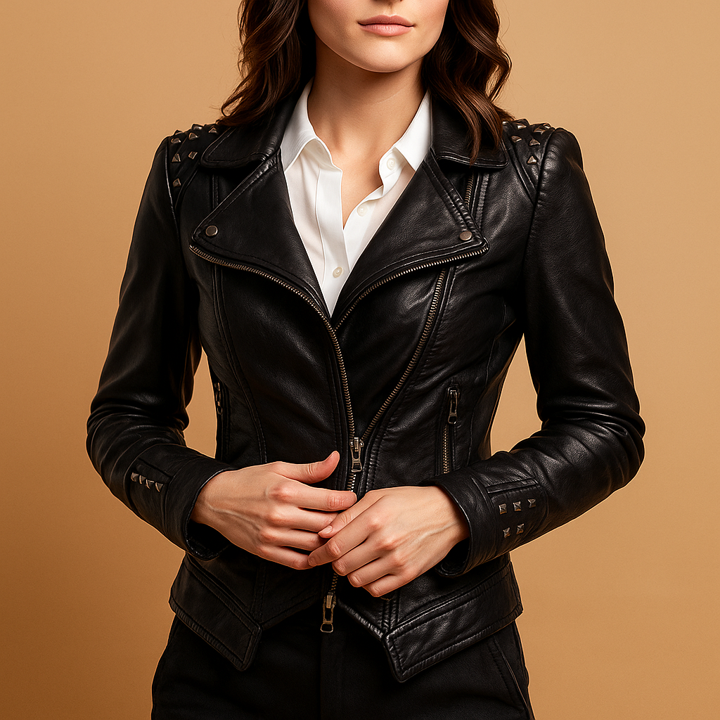Slim-fit leather jacket for women with gothic-inspired quilted details and silver hardware. Ideal for evening outfits, alt fashion, and casual wear.