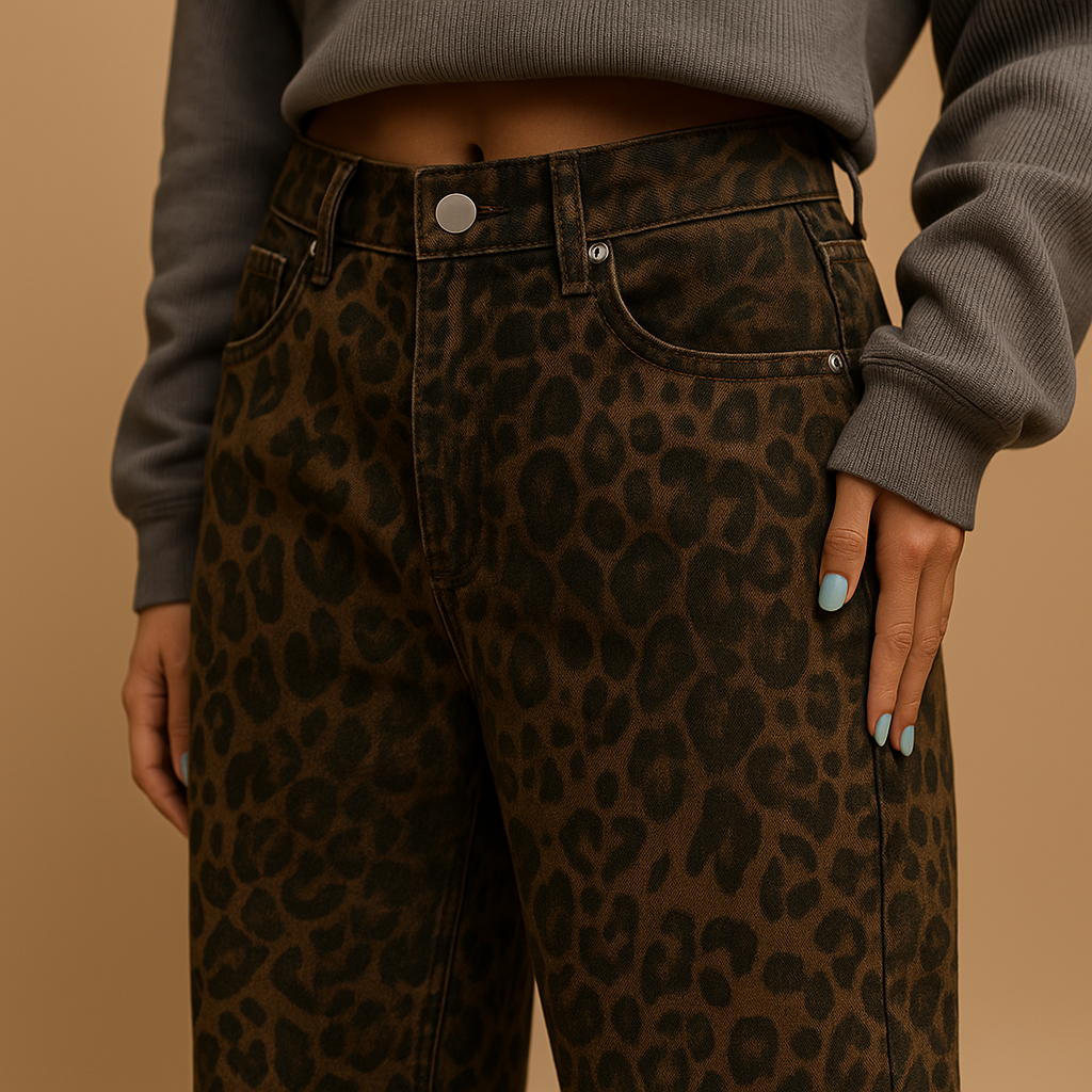 Women’s slim fit leopard print jeans with stretch, featuring functional pockets and a bold animal-print design for stylish casual or evening outfits.