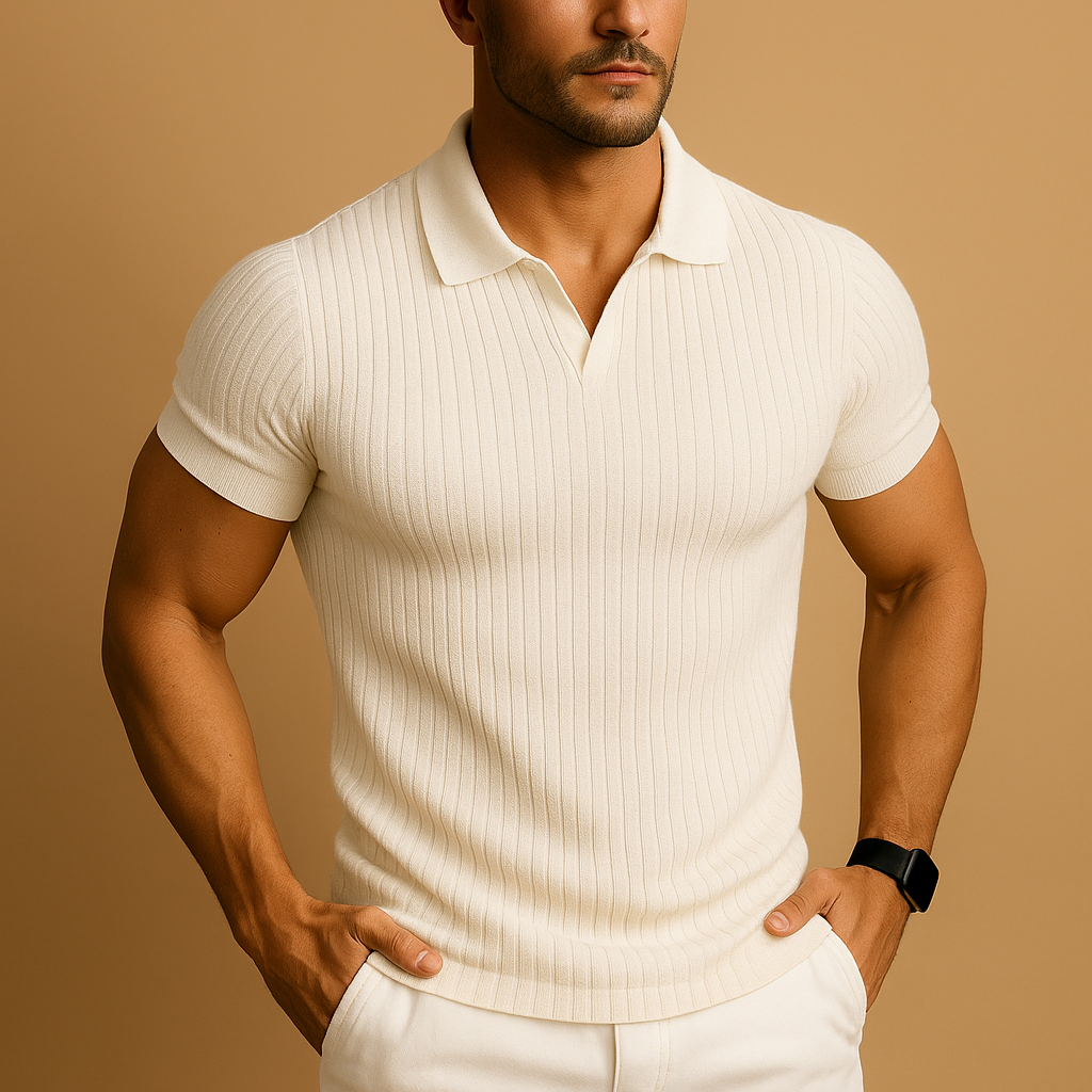 Men’s slim fit polo shirt with V-neck and lapel collar, featuring subtle striped detail and dropped shoulders, perfect for casual and smart-casual outfits.
