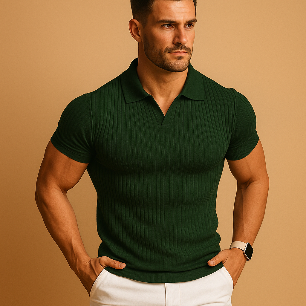 Men’s slim fit polo shirt with V-neck and lapel collar, featuring subtle striped detail and dropped shoulders, perfect for casual and smart-casual outfits.