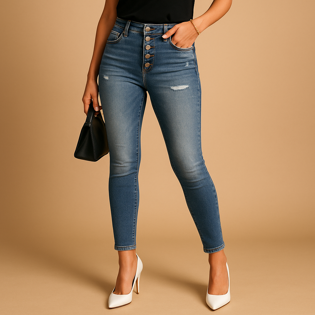 Slim-fit ripped jeans for women with distressed details and a flattering stretchy fit, ideal for casual outfits and evening looks.