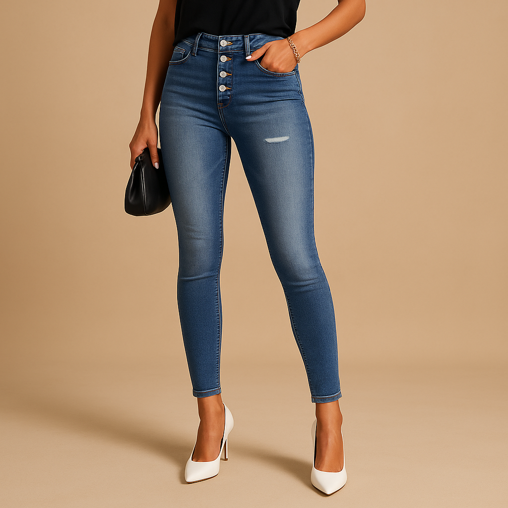 Slim-fit ripped jeans for women with distressed details and a flattering stretchy fit, ideal for casual outfits and evening looks.