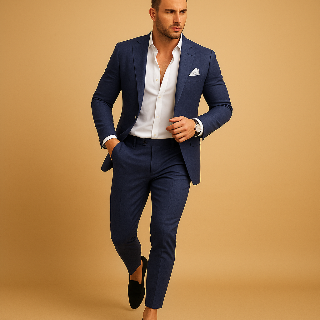 Men’s slim fit suit with blazer and trousers, tailored for elegance and comfort, available in multiple colors, perfect for weddings, business, and formal events.