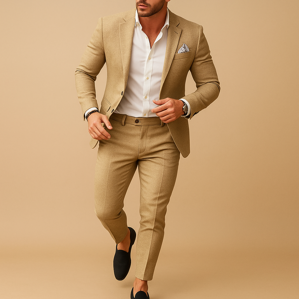 Men’s slim fit suit with blazer and trousers, tailored for elegance and comfort, available in multiple colors, perfect for weddings, business, and formal events.