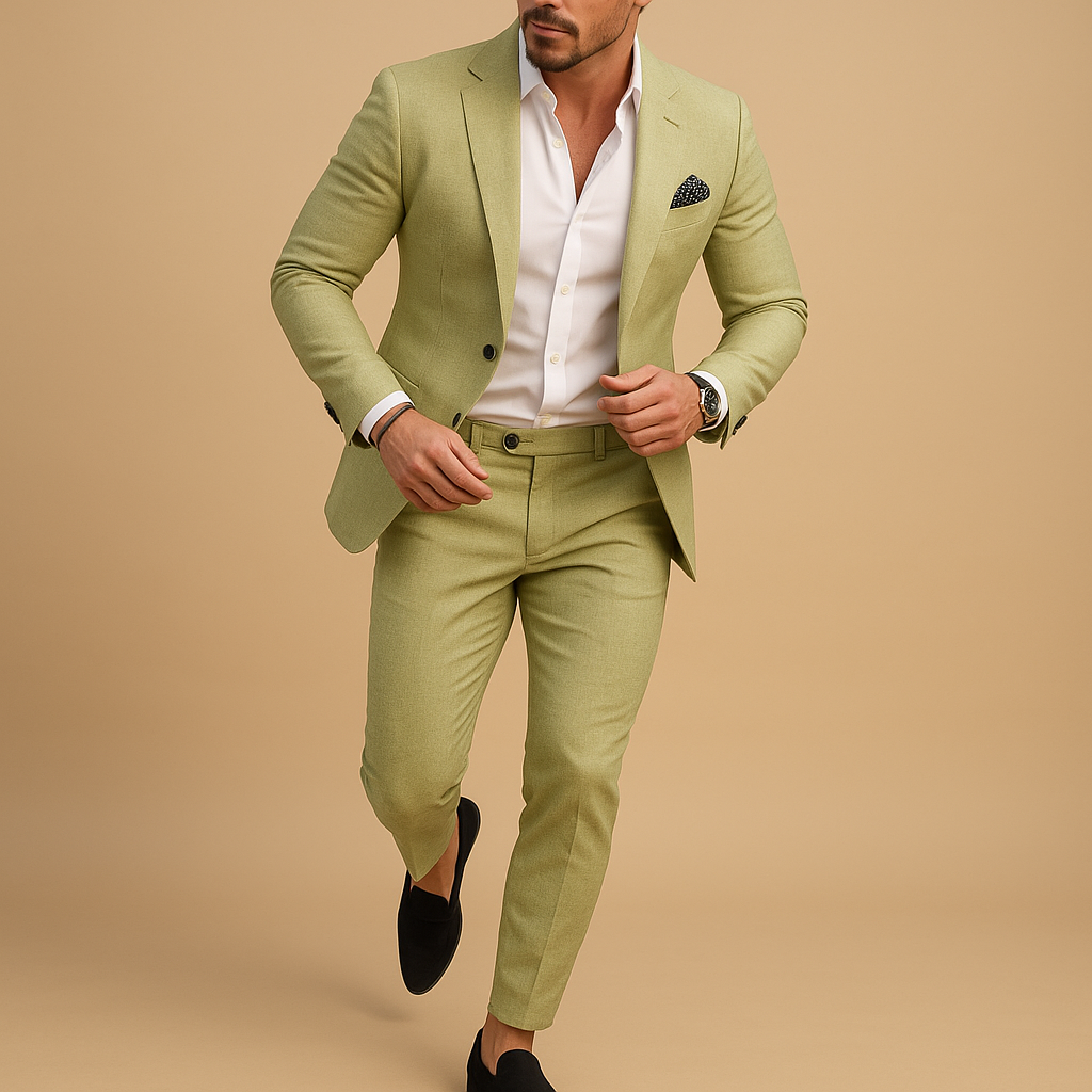 Men’s slim fit suit with blazer and trousers, tailored for elegance and comfort, available in multiple colors, perfect for weddings, business, and formal events.