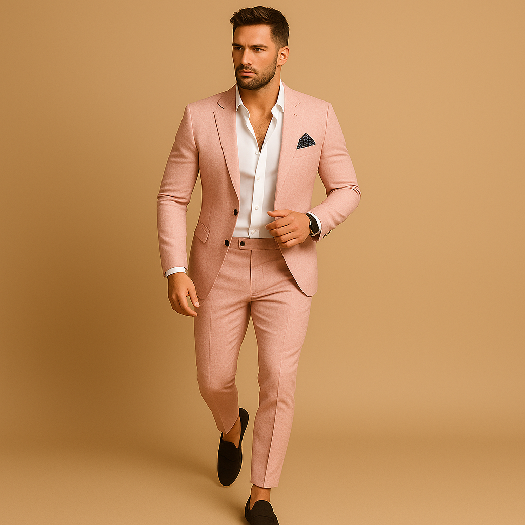 Men’s slim fit suit with blazer and trousers, tailored for elegance and comfort, available in multiple colors, perfect for weddings, business, and formal events.