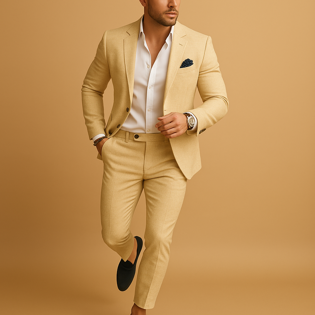 Men’s slim fit suit with blazer and trousers, tailored for elegance and comfort, available in multiple colors, perfect for weddings, business, and formal events.