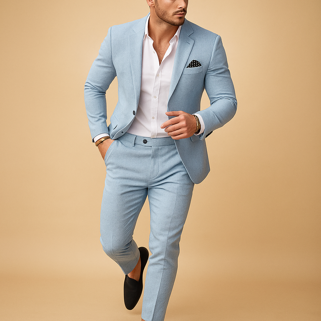 Men’s slim fit suit with blazer and trousers, tailored for elegance and comfort, available in multiple colors, perfect for weddings, business, and formal events.