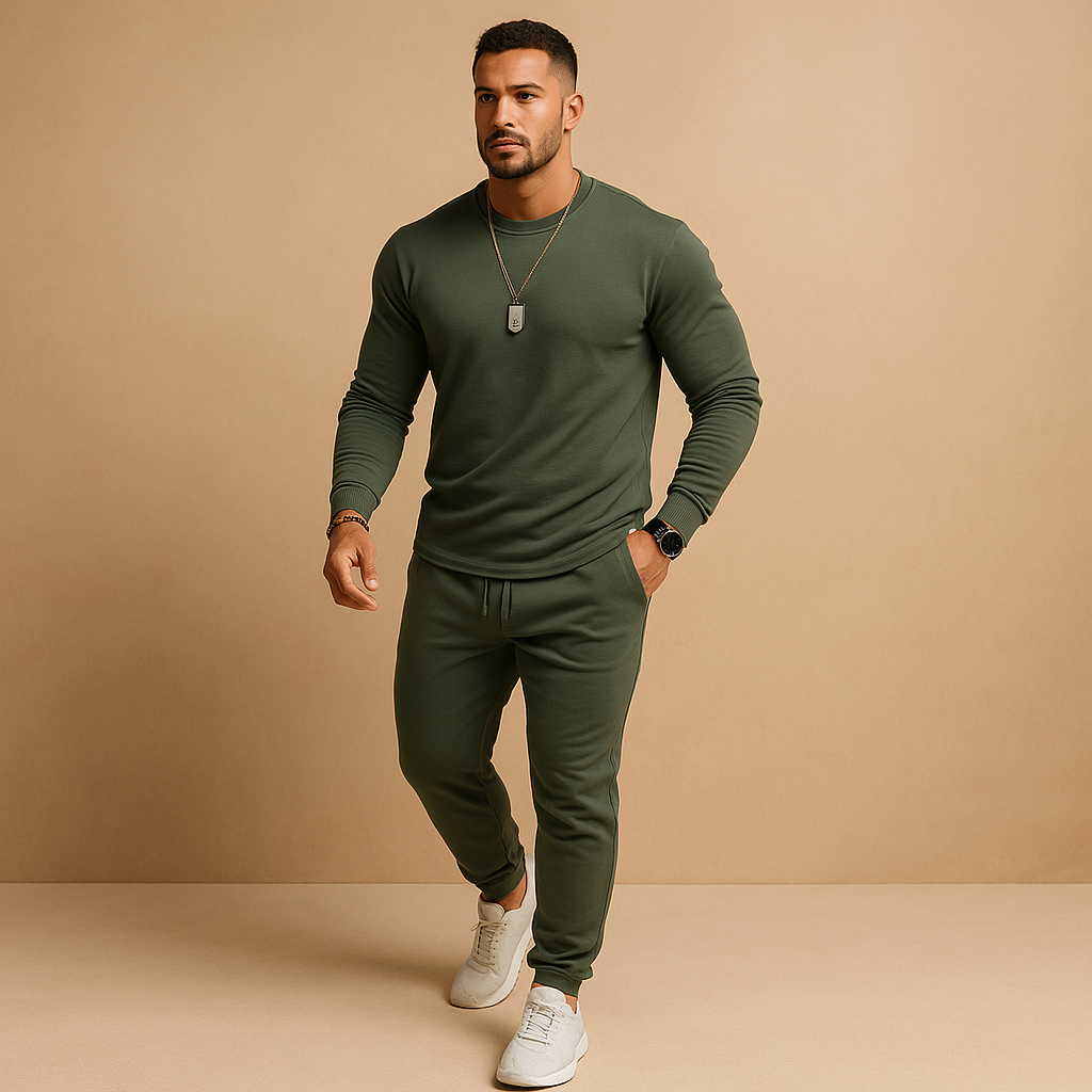 Stylish men’s slim fit tracksuit with ribbed finish, perfect for casual wear, streetwear, or relaxing at home.
