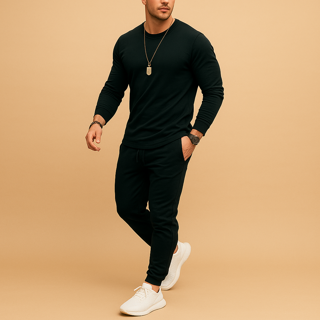Stylish men’s slim fit tracksuit with ribbed finish, perfect for casual wear, streetwear, or relaxing at home.