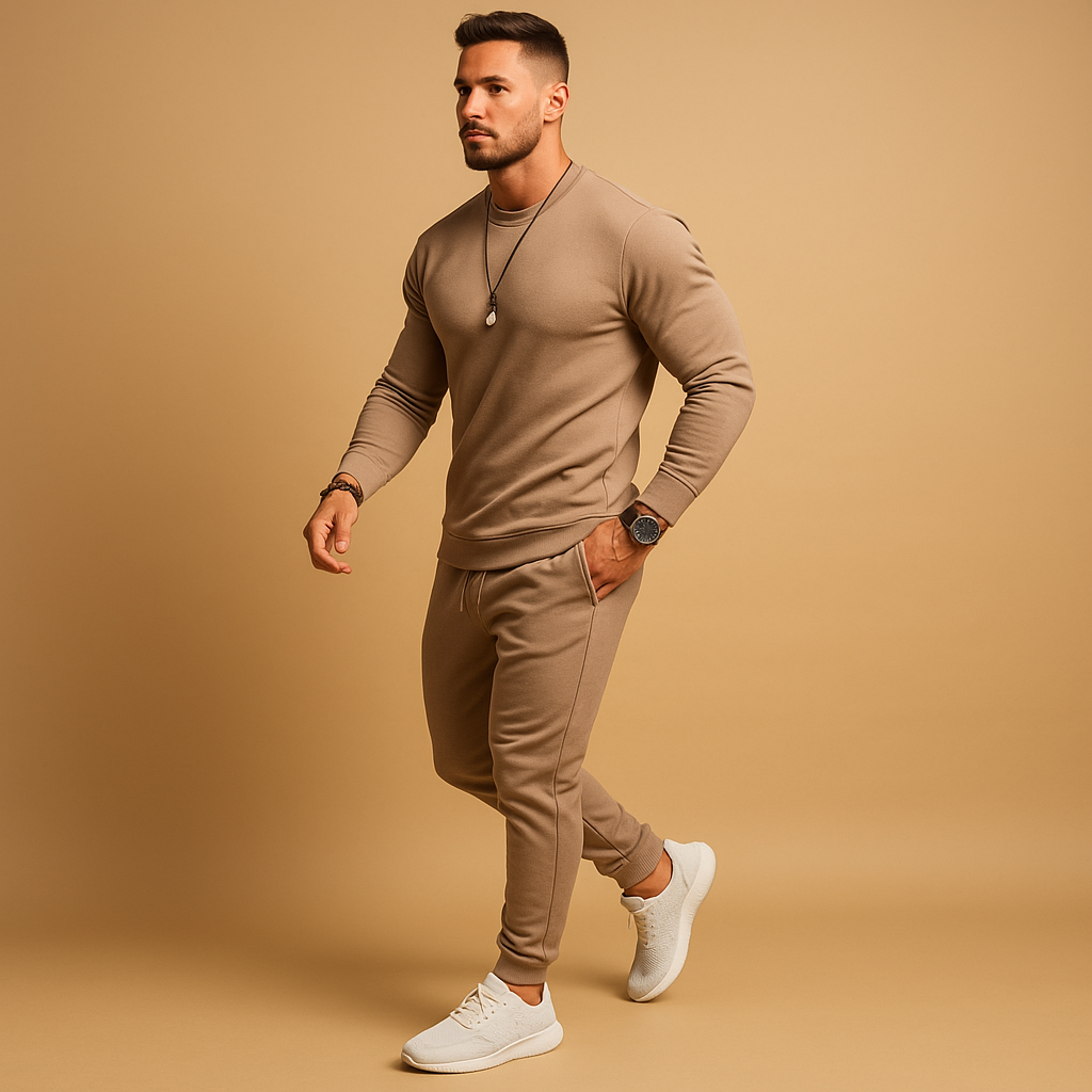 Stylish men’s slim fit tracksuit with ribbed finish, perfect for casual wear, streetwear, or relaxing at home.