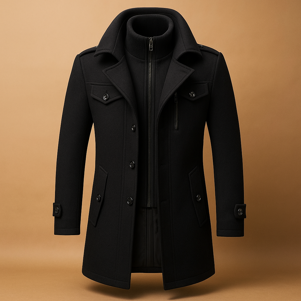 Men’s slim fit winter coat with two-piece tailored design, high-quality fabrics, streamlined closure, and pockets. Perfect for formal or casual wear.