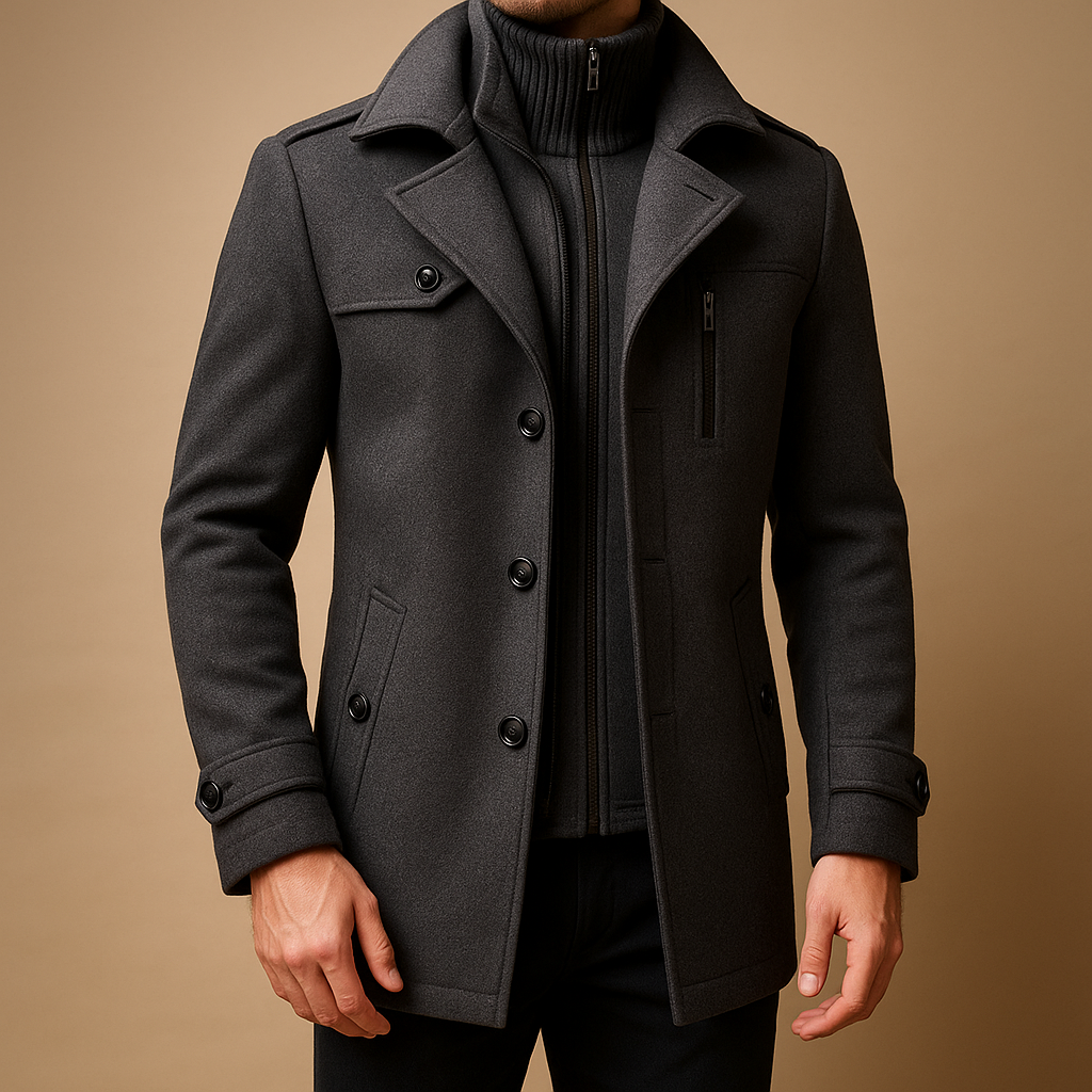 Men’s slim fit winter coat with two-piece tailored design, high-quality fabrics, streamlined closure, and pockets. Perfect for formal or casual wear.